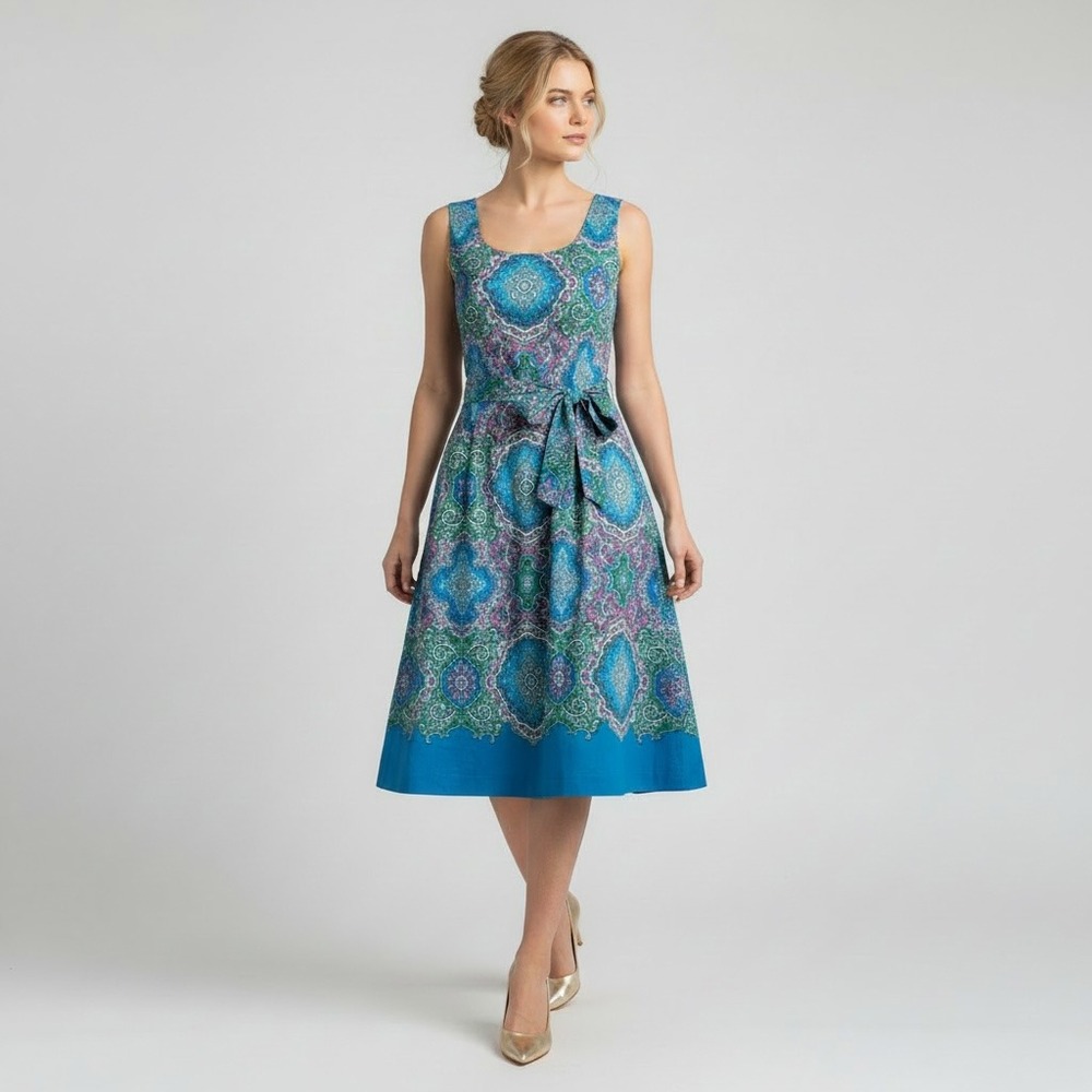Talbots Fit Flare Belted Poplin Pepper Preppy Belt Paisley Dress 16 Blue Green